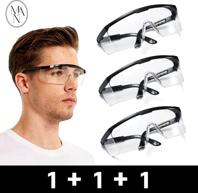 1+1+1 미엔느아 작업 보안경 김서림방지 보호 안경 고글, 블랙, 1개