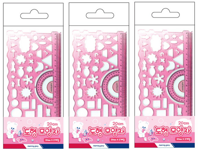 꼬맹이샵 모닝글로리 1200 도형 모양자 뭉스프렌즈 아이비스, 3개, 분홍