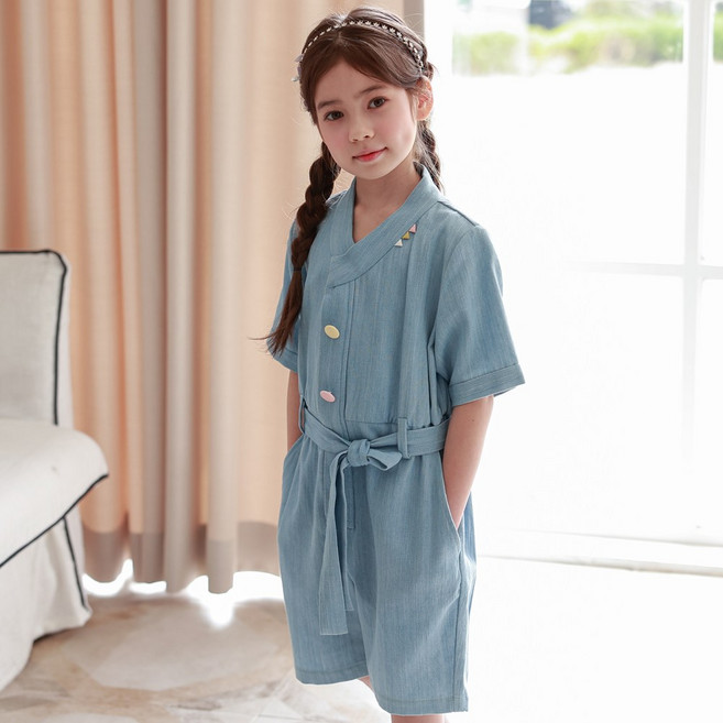 하랑한복 구름뎅이 아동 반팔 점프 슈트 공용 블루 어린이 여름 생활한복 세트