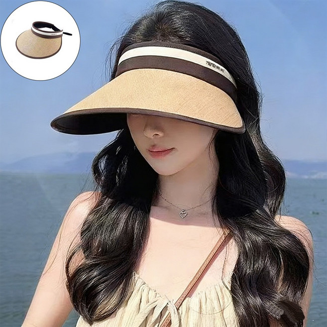 블랙코팅 자외선차단 여성 썬캡 휴대용 돌돌이 밀짚모자