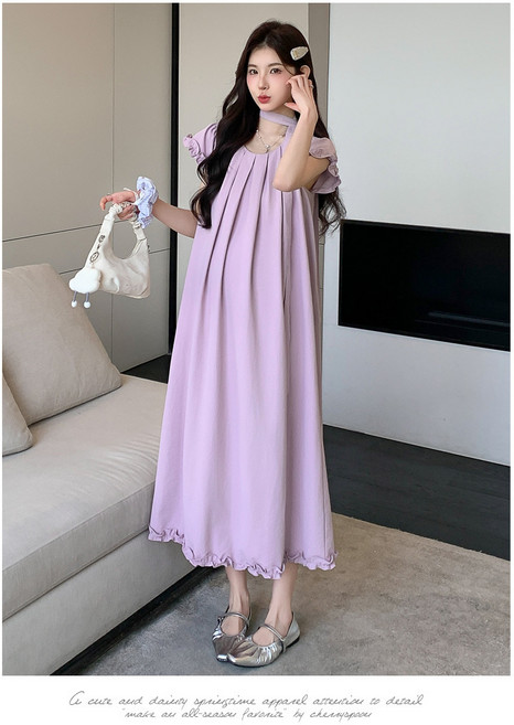DIU 孕婦裝連衣裙夏季薄款簡約花邊小飛袖氣質高級感寬鬆中長款仙女裙