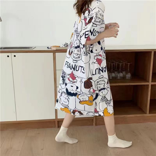 少女卡通印花睡裙 韓版寬鬆學生夏季薄款過膝家居服