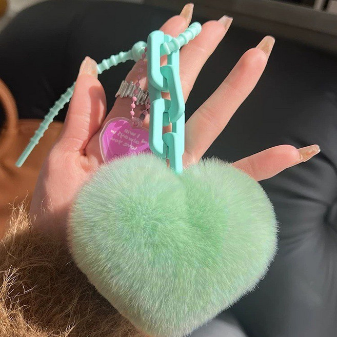 리얼 토끼털 샤샤벨 퍼 체인 폼폼 하트 여성 가방 키링