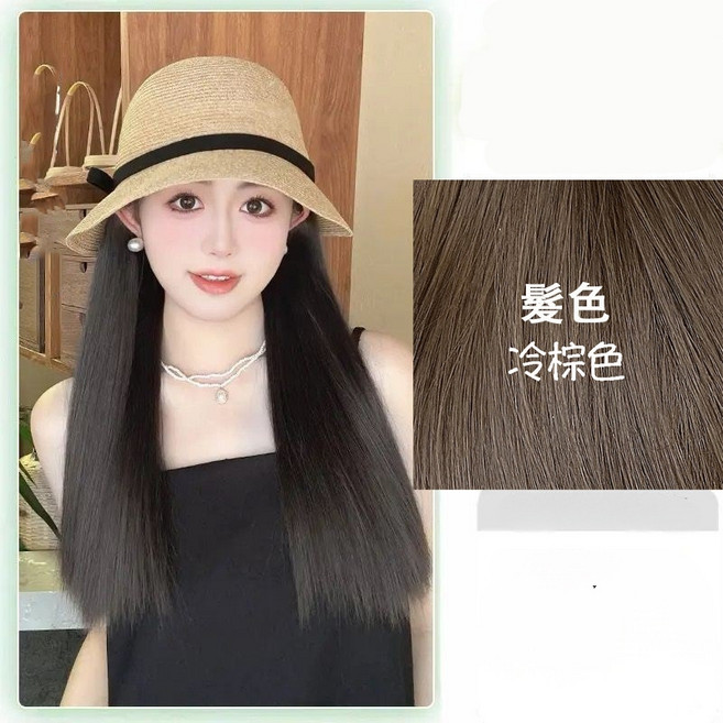 假髮帽 女生一體假髮 化療帽, 16.漁夫帽+冷棕色髮絲, 1個