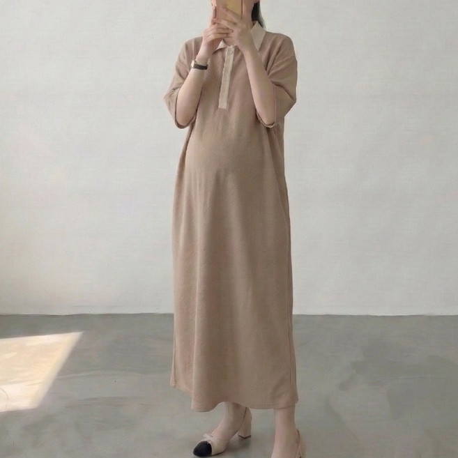 [당일출고] 수엠W 임산부 배색 카라 롱 원피스 만삭 임부복 빅사이즈 등원룩 수유복 겸용 T04 무카반팔원피스