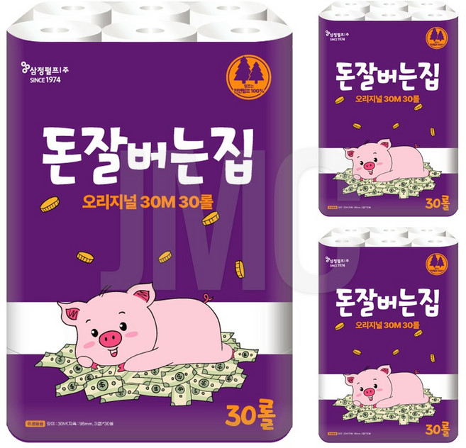 돈잘버는집 3겹 고급롤화장지, 30m, 30개입, 3개