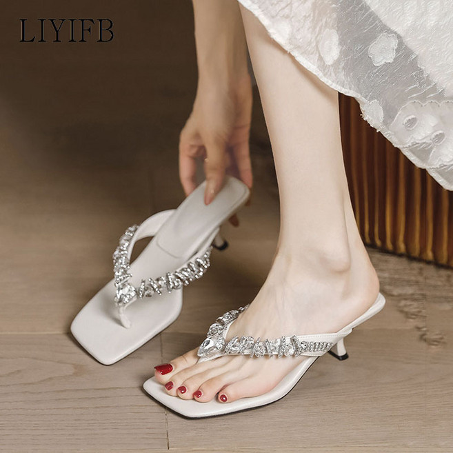 LIYIFB 럭셔리 큐빅 여성 쪼리 힐슬리퍼 5cm 여름 샌들힐