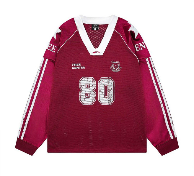 아메리칸 스포츠 저지 긴팔 티셔츠 그래피티 스타 배지 메시 블로크코어