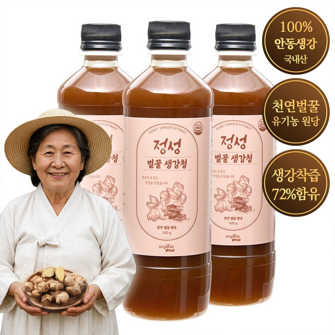 물 한방울 안들어간 진짜 국내산 100% 안동 생강 천연벌꿀 정성 생강청 원액 생강차, 620g, 3개, 1개입
