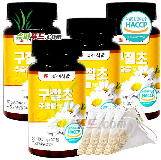 HACCP 식약처 인증 국내산 구절초 추출물 베타카로틴 철분 칼륨 칼슘 비타민 리나린 아케세틴 캠퍼 캄펜 아피게닌 루테올린 혼합 유산균 구절초추출물정 + 슈퍼푸드.com 연자육티백, 4세트, 50g