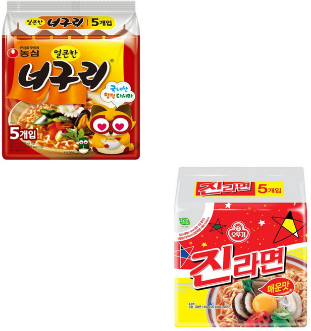 봉지)농심너구리얼큰한맛 + 오뚜기진라면매운맛, 1세트