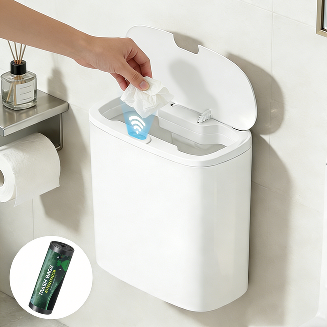 CozyLab 화장실 자동 센서 휴지통 무타공 스마트 쓰레기통 14L 주방 냄새차단, 화이트