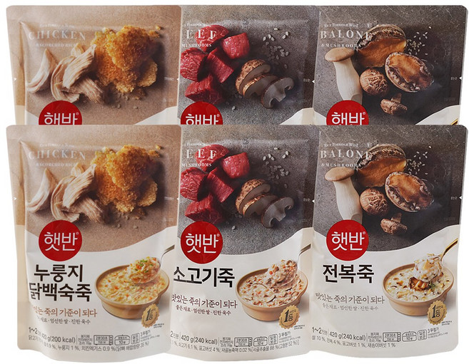 비비고 파우치 죽 420g (누룽지닭백숙죽2+전복죽2+소고기죽2), 1세트, 450g