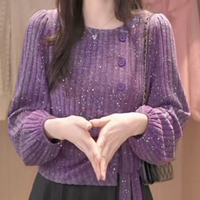 페이준 여성 가을 겨울 심플 스팽글 언발 긴팔 셔츠 루즈핏 이너 니트 YJ895