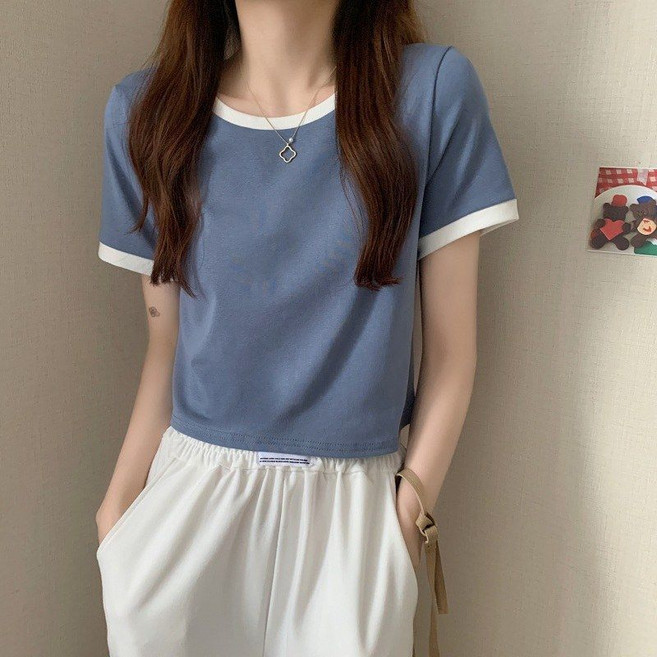 Ladyshare 韓版設計感拼色短版上衣