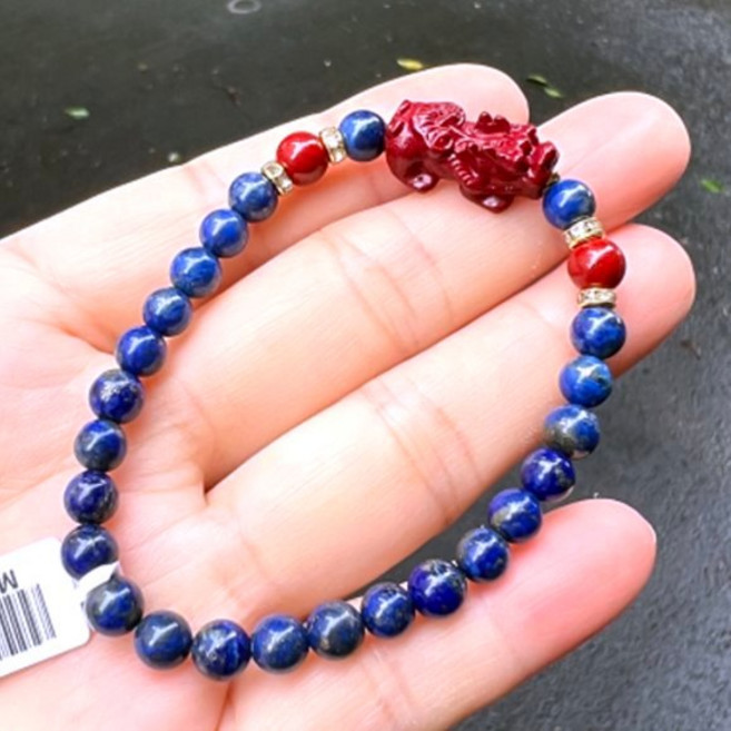 亮晶晶 青金石手鍊 硃砂貔貅與竹節形款式 招財避邪 助益溝通表達, 1個, 黃K色/女生手圍, 黃K色