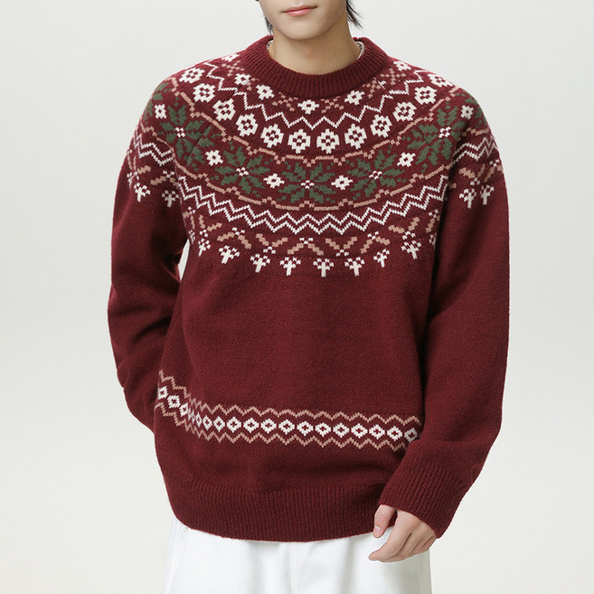 남성 겨울용 라운드 네크 스웨터 오버핏 보온 자카드 니트류