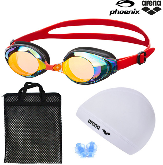 피닉스 코모도 미러수경 PN-1200M 물안경 스판수모 가방 귀마개 4종 세트, 미러수경(레드)+스판수모(화이트)+망사가방(블랙)+귀마개(랜덤), 1개