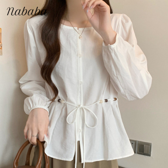 나바바 NB2938 여성 레트로 비즈 허리끈 긴팔 블라우스