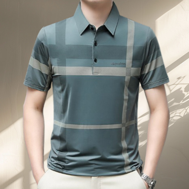 코엑티 여름 남성 아이스 단추 체크 무늬 카라 반팔 티셔츠