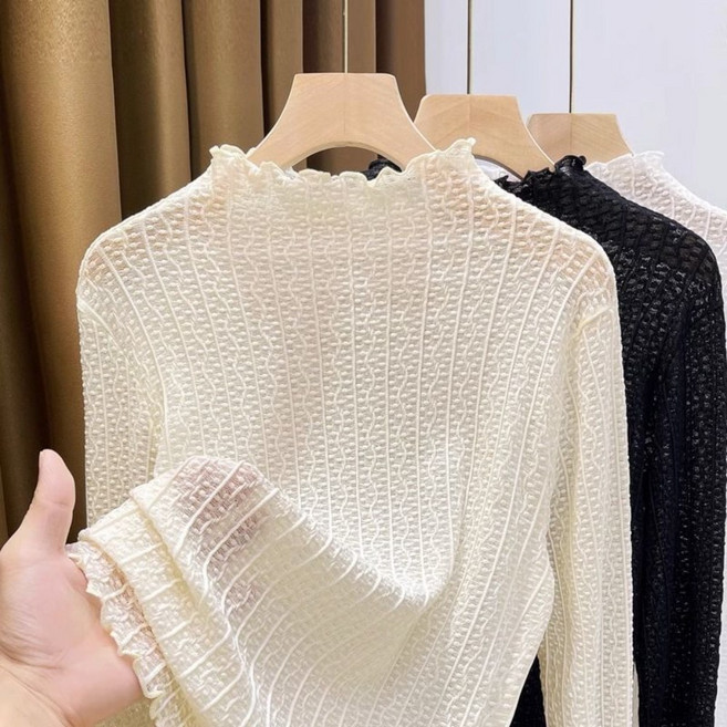 Vezri 여성 봄가을 하이넥 레이스 이너 티 셰어링 디자인 시스루 상의 F88