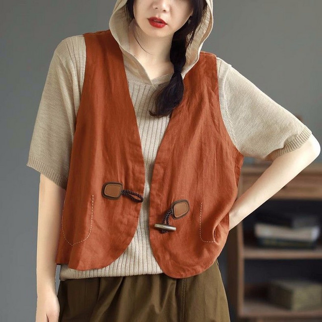 귀여운 떡볶이 단추 브이넥 민소매 면 마 조끼 캐주얼 린넨 베스트 외투 레이어드 얇은 숏 코트 봄 여름