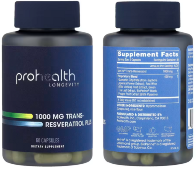 프로헬스 고함량 트랜스 레스베라트롤 1000mg 고순도 60캡슐 2병, 60정, 2개