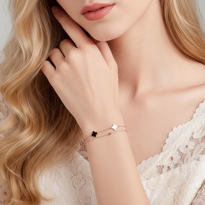 루비앤 행운 클로버 실버925 14K도금 두줄 자개 오닉스 력셔리한 명품 팔찌