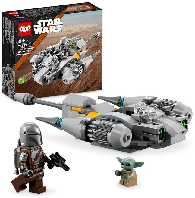 LEGO 스타워즈 만달로리안의 N-1 스타파이터 마이크로파이터 만 6세 이상 아동용 조립 장난감 세트 만도와 그로구 '베이비 요다' 미니 피규어 액션 플레이를 위한 재미있, LEGO 스타워즈 만달로리안의 N-1 스타파이터 마이크, 그레이, 1