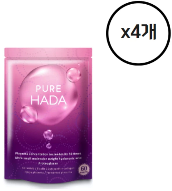 PURE HADA 50배 농축 플라센타 초저분자 히알루론산 콜라겐 세라마이드 엄선된 9종, 60정, 4개 - 쿠팡