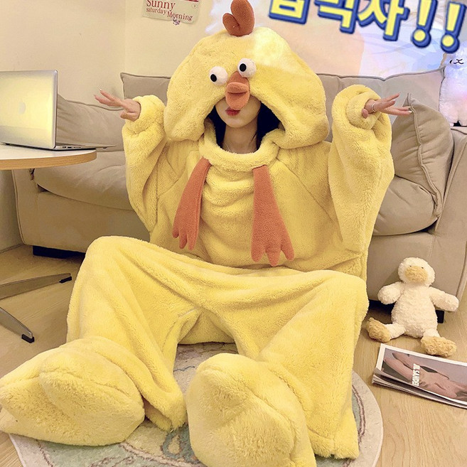 Yellwell귀여운 오리 잠옷 후드 양털 손님용 겨울 따뜻한 코스튬 파자마LYT