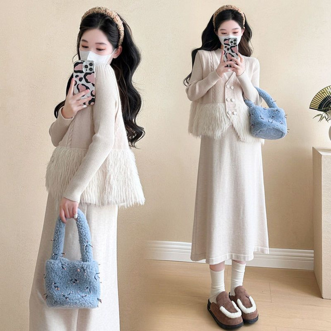 임산부 겨울 스커트 세트 가을 겨울 따뜻한 니트 조끼 + 드레스 우아한 스타일 JS