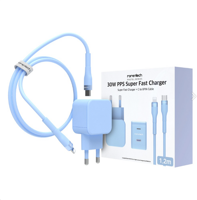 로랜텍 파스텔 고속 충전기 + PD C타입 to 8핀 케이블 1.2m 세트, 1세트, 블루