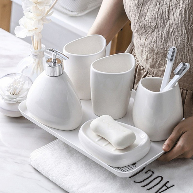호텔 욕실디스펜서 고급 도자기 비누받침대 칫솔거치대 양치컵 세트 5종, 1개