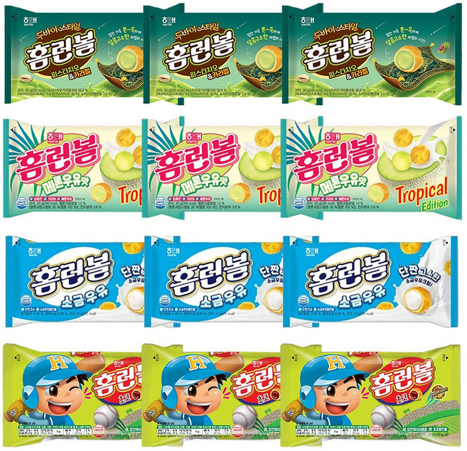 홈런볼 피스타치오 카라멜39g 3p+멜론우유 43g 3p+홈런볼 소금우유 41g 3p+홈런볼 초코 41g 3p, 164g, 3세트