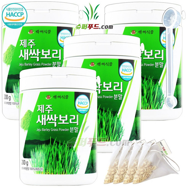 HACCP 식약처 인증 국산 보리새싹 100% 새싹보리 분말 폴리코사놀 국내산 새싹보리분말 + 슈퍼푸드.com 연자육 티백, 200g, 4세트