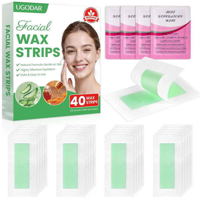 여성용 UGODAR 40PCS 페이셜 왁스 스트립 저자극성 내추럴 페이스 4가지 진정 오일 물티슈로 부드러운 제모 모든 피부 타입을 위한 눈썹