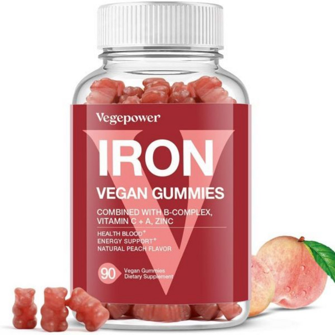 Vegan Iron Gummies Supplement - with Vitamin C A B-Complex Folate Zinc for Adults & Kids - Hea, 츄어블, 1개, 90정