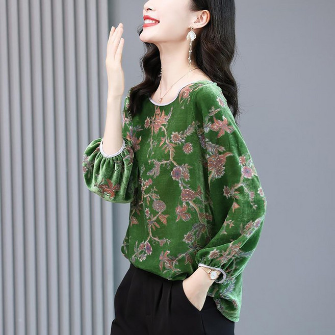 ROYALBELLE 여성 벨벳 프린트 고급 우아한 중년 긴팔 티셔츠 블라우스 K0021321