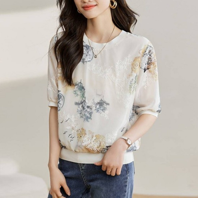 F007230_(빅사이즈)레이스쉬폰 맨투맨티셔츠 블라우스 맨투맨 쉬폰 시스루 망사 블라우스