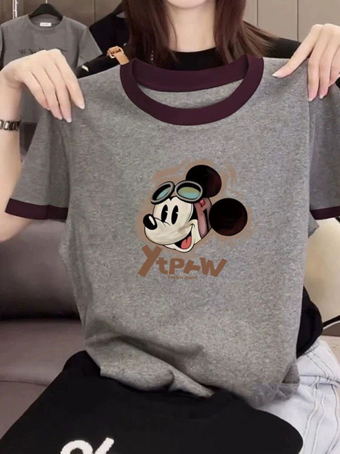 MEAWA 여성 순면 배색 반팔 티셔츠 라운드 반팔티