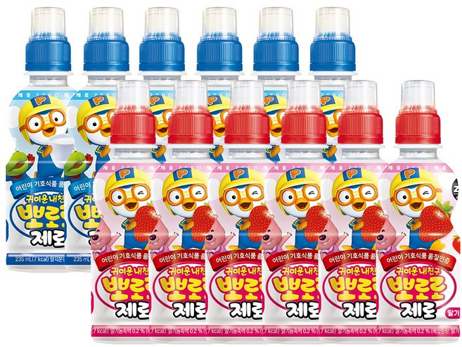 뽀로로음료 제로 밀크 x6개+딸기 x6개, 12개, 235ml