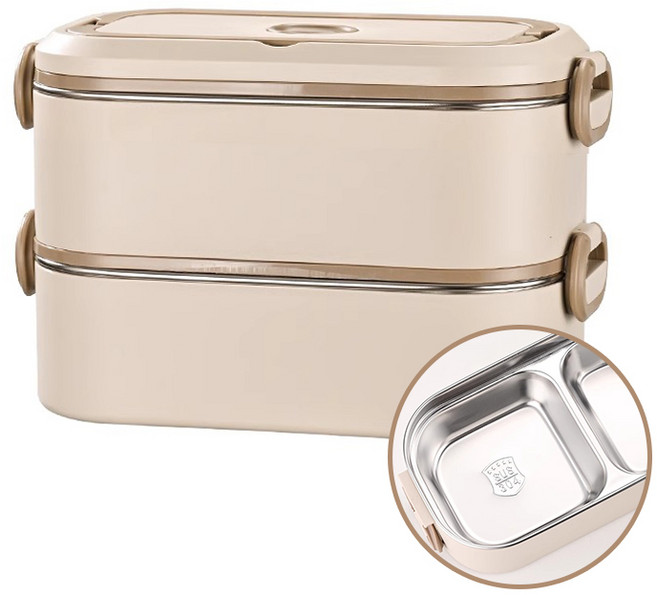 Shipshape 스테인리스강 보온도시락 파오차이저장함 다용도케이스 전자레인지 가열 수납함포함 장아찌용기, 1세트, 베이지-2단