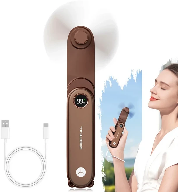 브라운 미니 USB 충전식 접이식 야외 조절 휴대용 핸드헬드 팬 LED 디스플레이 1500mAh, 01 Brown