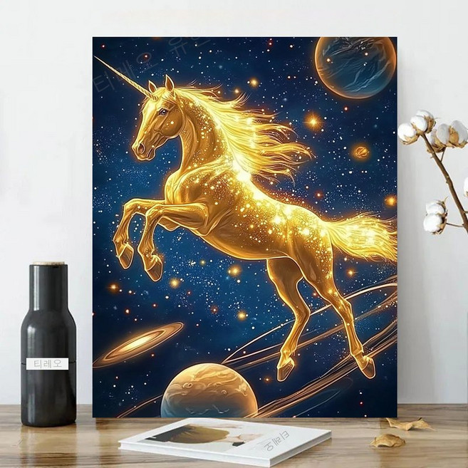 보석십자수 캔버스형 원형비즈십자수 DIY키트 40x50cm 3D 대형 선물용 재물 객실 풍수 인테리어, 1세트, 16 황금 말