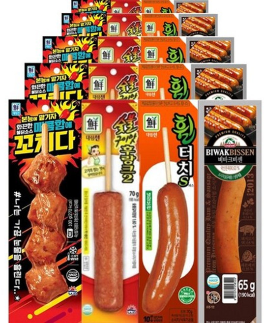 5분마켓 대림 매콤함에꼬치다 90g 5개+숯불구이맛후랑크 70g 5개+휠터치s 70g 5개+한성 비바크비센 65g 5개 핫바기획전 20개