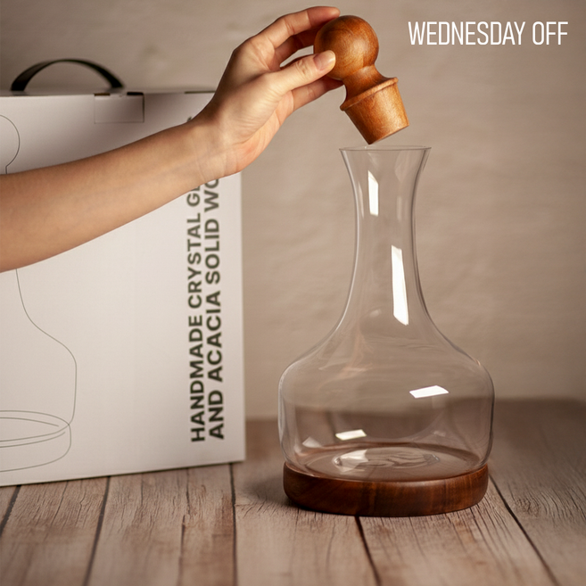 웬즈데이오프 고급 원목 + 크리스탈 와인 디캔터 선물포장 세트, 1.5L, 1세트