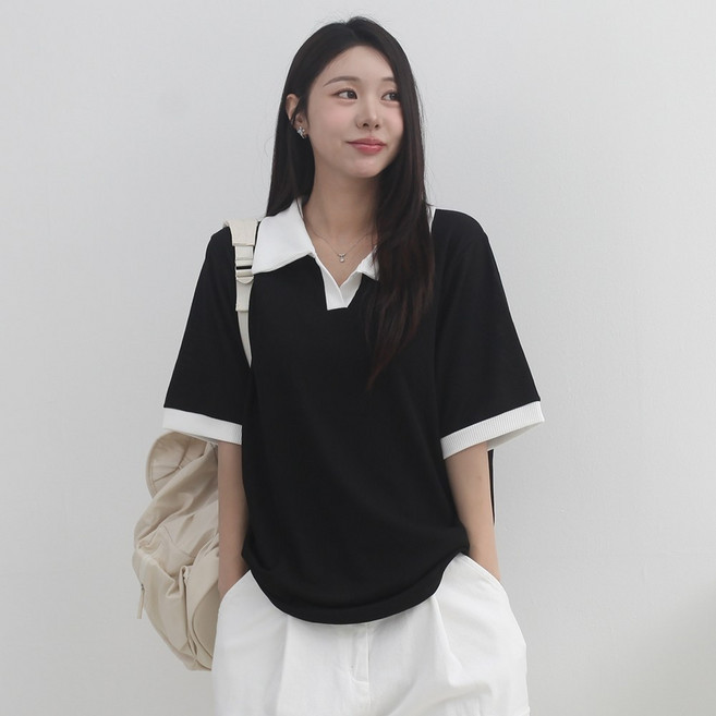 루나샵 배색골지카라 반팔 티셔츠