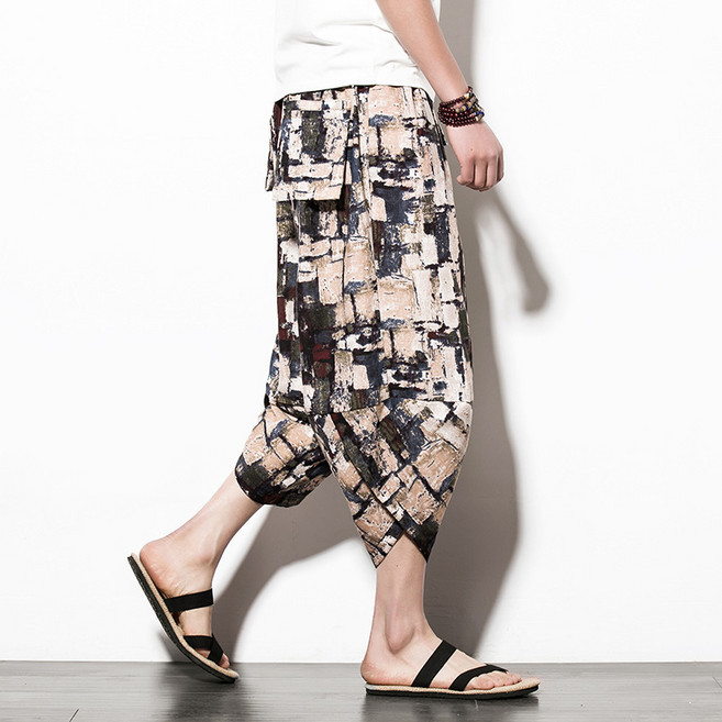 【國風棉麻】七分褲 男士七分褲 休閒褲 垮褲 蘿蔔褲 大碼褲 寬鬆透氣 碎花印花 夏季薄款 中國風禪意穿搭
