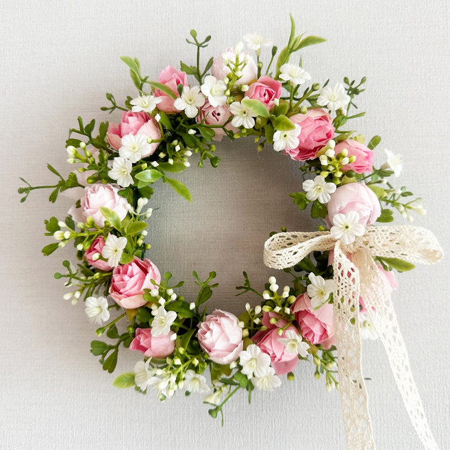 로즈핑크 리스 (20cm) / 파스텔 플라워 / 현관 벽걸이 데코 / 인테리어 집들이선물 감성인테리어, 핑크+화이트+그린